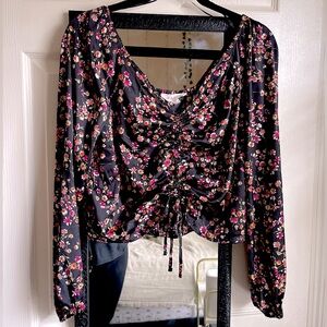 nwot ruched fall floral tie front satin blouse